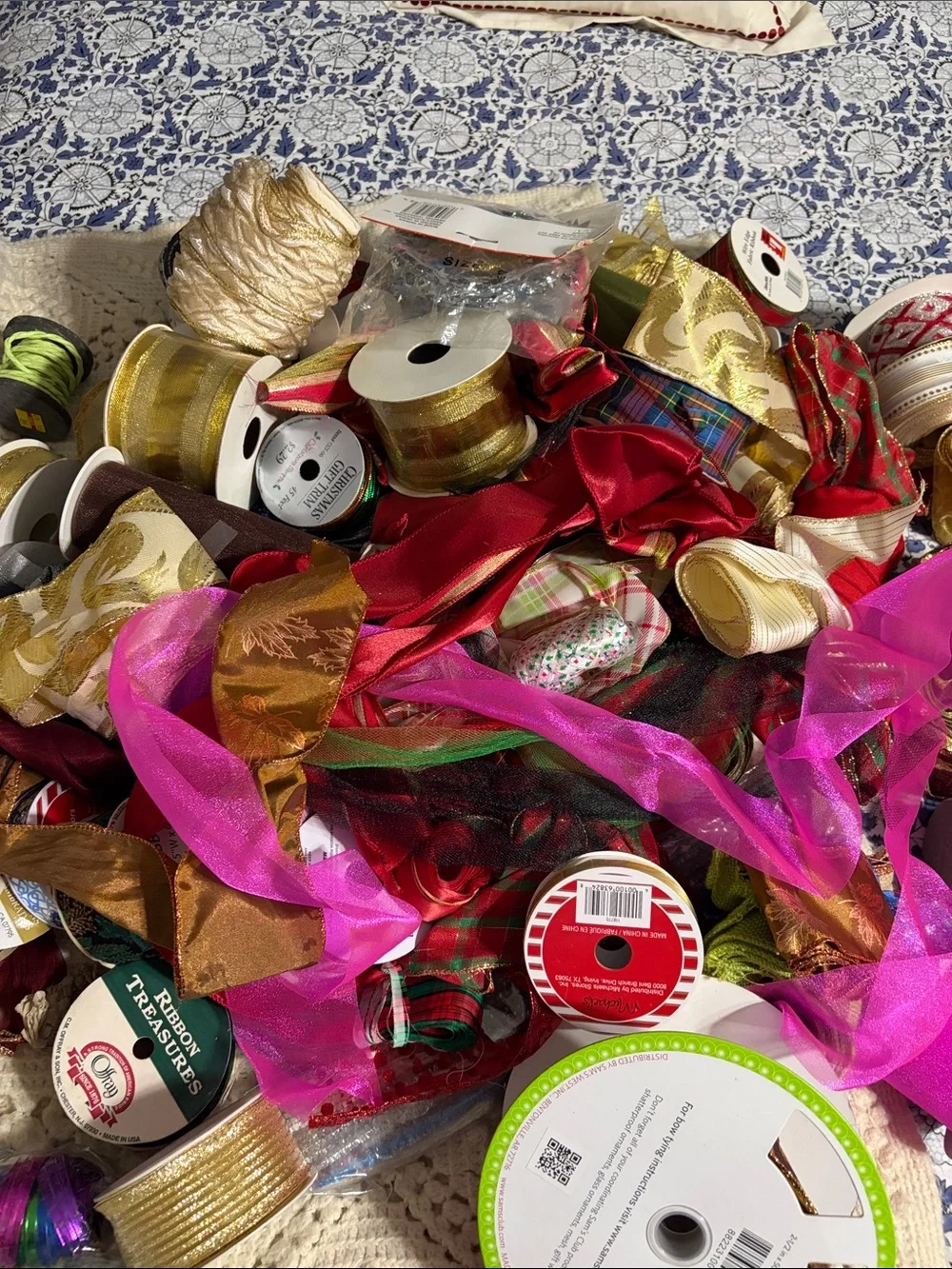 HUGE lot Assorted Pink, Holiday and Gold Decorative Party Ribbons -
